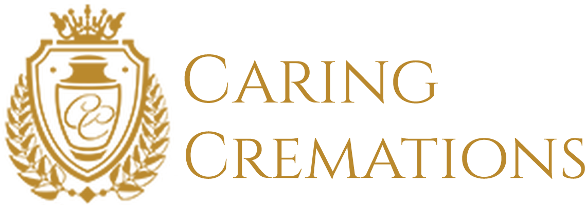 Gold Caring Cremations logo with crest emblem and serif text on a white background