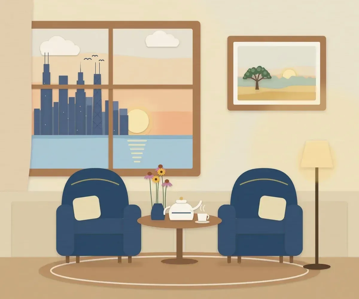 Illustration of a quiet family room at a funeral home, with two armchairs and tea beside a window at sunset