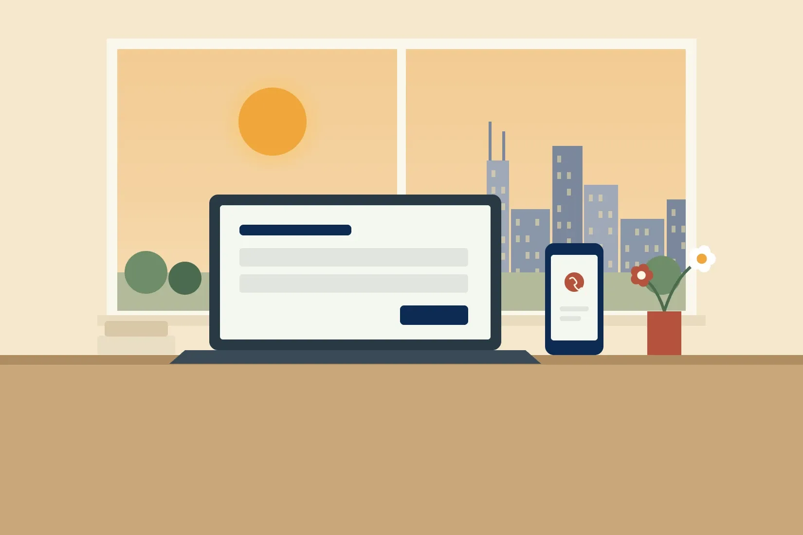 Illustration of a laptop showing an online arrangement form and a phone on a desk, with a window view of a city skyline