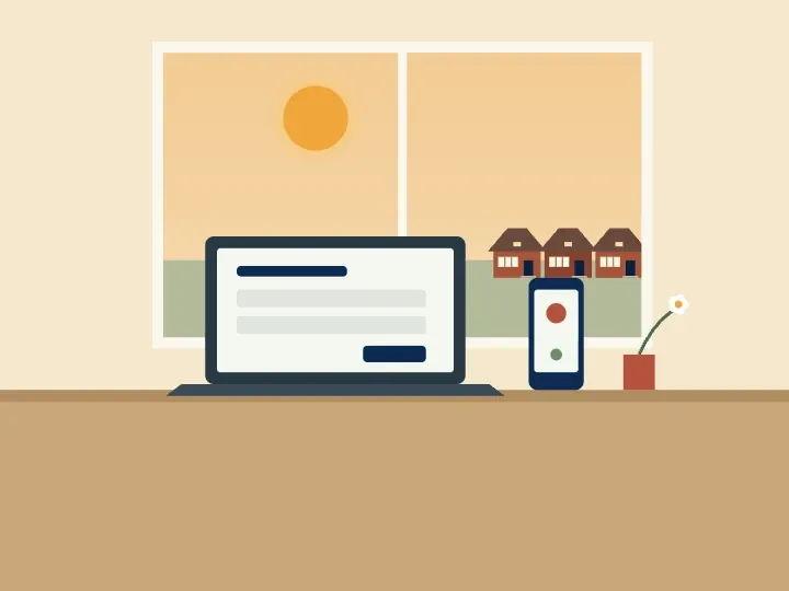 Illustration of a laptop showing an online arrangement form next to a phone, with a window view of a row of brick bungalows