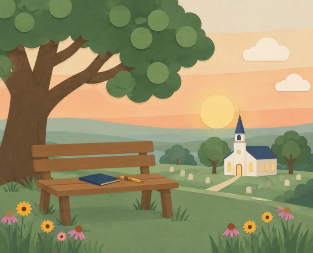 Illustration of a wooden bench under an oak tree, with a plan folder and a pen on the seat, overlooking a white church and a quiet cemetery at sunset