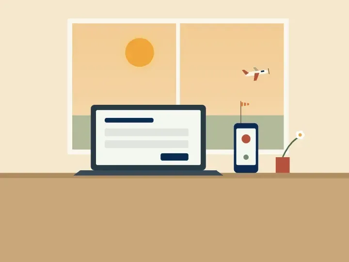 Illustration of a laptop showing an online arrangement form next to a phone, with a window view of a small plane and windsock