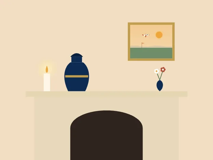 Illustration of an urn on a fireplace mantel beside a candle and a framed picture of a small plane and windsock