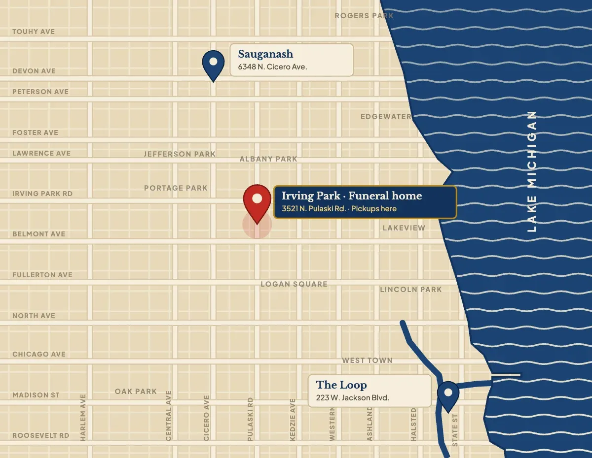Map of Chicago showing Caring Cremations in the Loop, in Sauganash and at the funeral home at 3521 N. Pulaski Rd. in Irving Park, where cremated remains are picked up