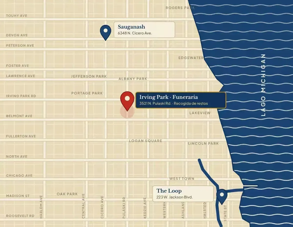 Mapa de Chicago con Caring Cremations en el Loop, en Sauganash y en la funeraria de 3521 N. Pulaski Rd., en Irving Park, donde se recogen los restos cremados