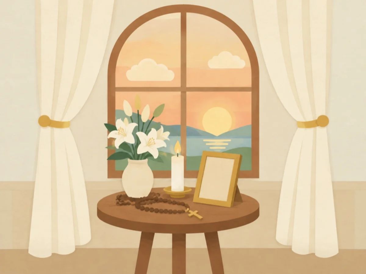 Illustration of a vigil table with a rosary, a lit candle, white lilies and an empty picture frame, before an arched window at sunset