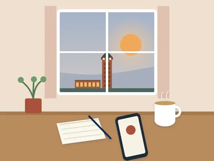 Illustration of a phone, a notebook and a cup of tea on a table by a window looking out toward a historic brick factory tower