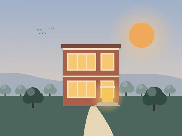 Illustration of a brick two-flat home with warmly lit windows at dusk