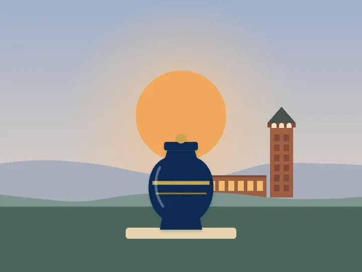 Illustration of an urn in front of the setting sun, with a historic brick factory tower in the background