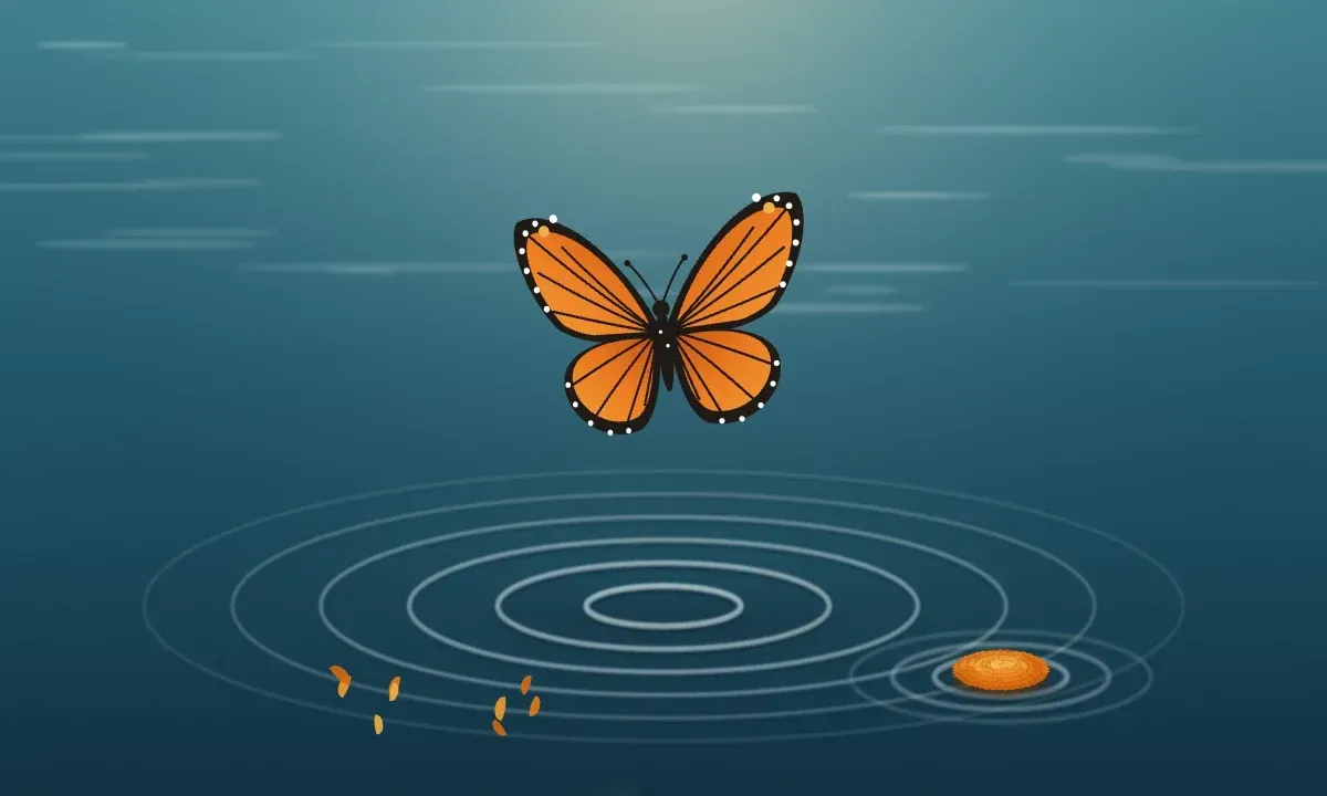 Una mariposa monarca sobre agua tranquila, con ondas suaves y una flor de cempasúchil flotando