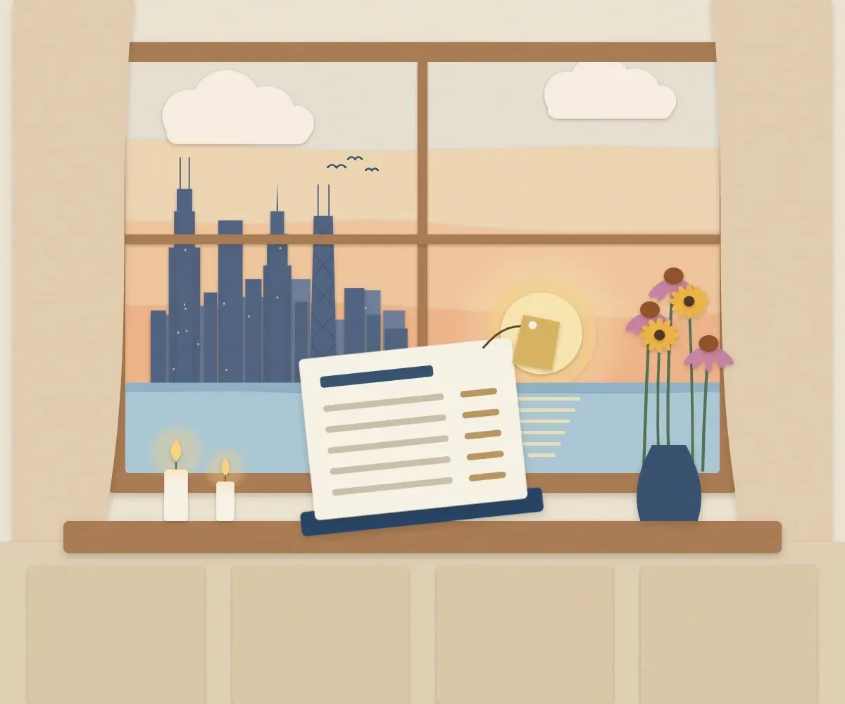 Illustration of a window at sunset overlooking the Chicago skyline and Lake Michigan, with candles, flowers and an open price list on the sill