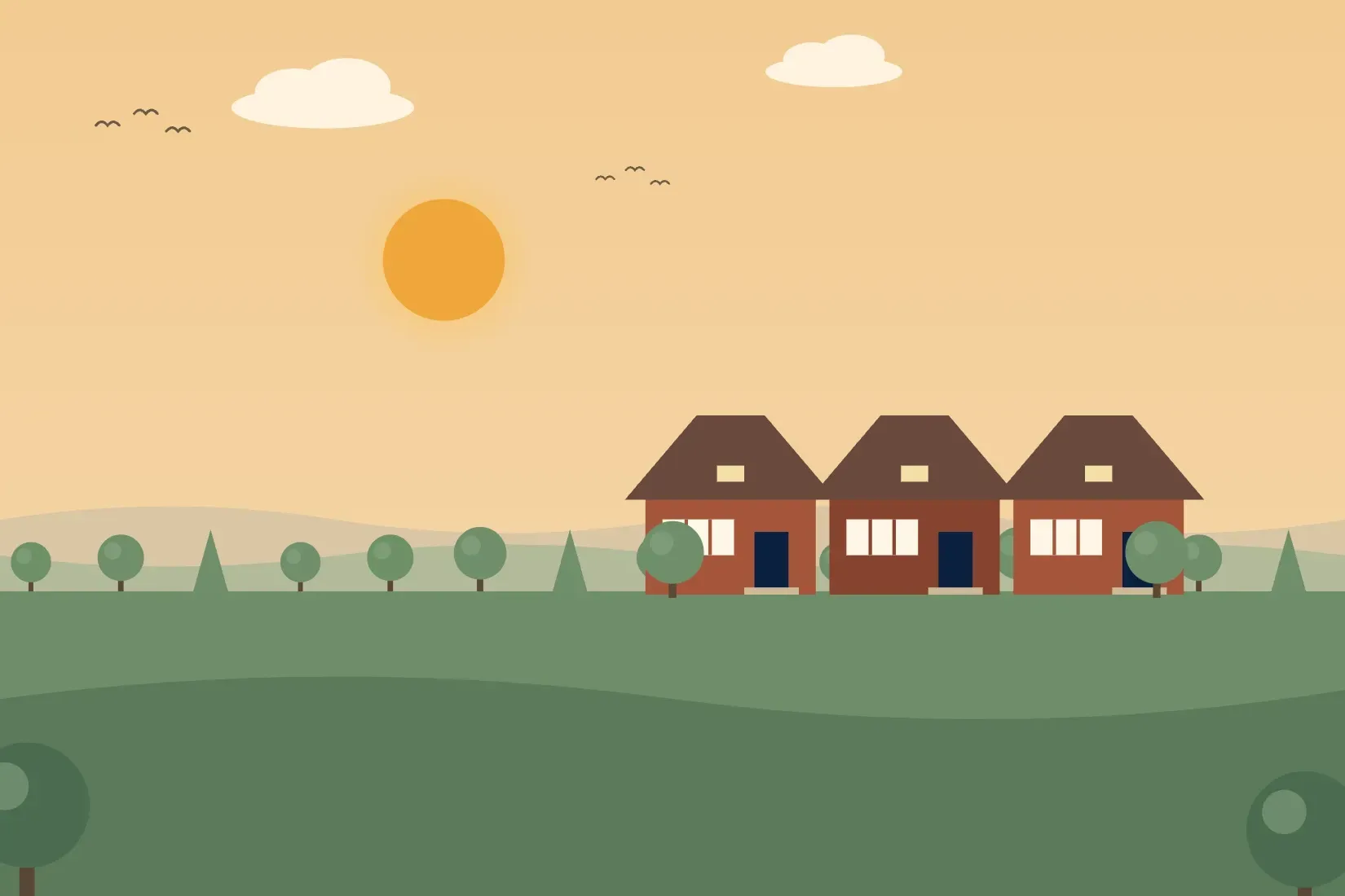 Illustration of Berwyn, with a row of Berwyn’s brick bungalows