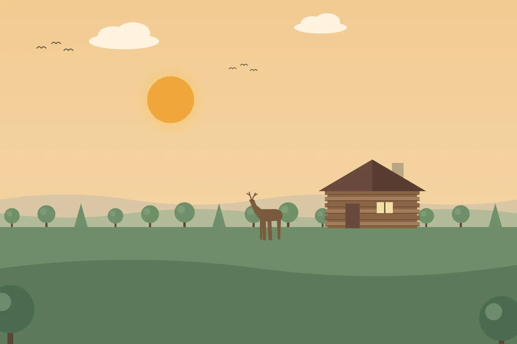 Illustration of Deerfield, with the Caspar Ott log house, Deerfield’s oldest building