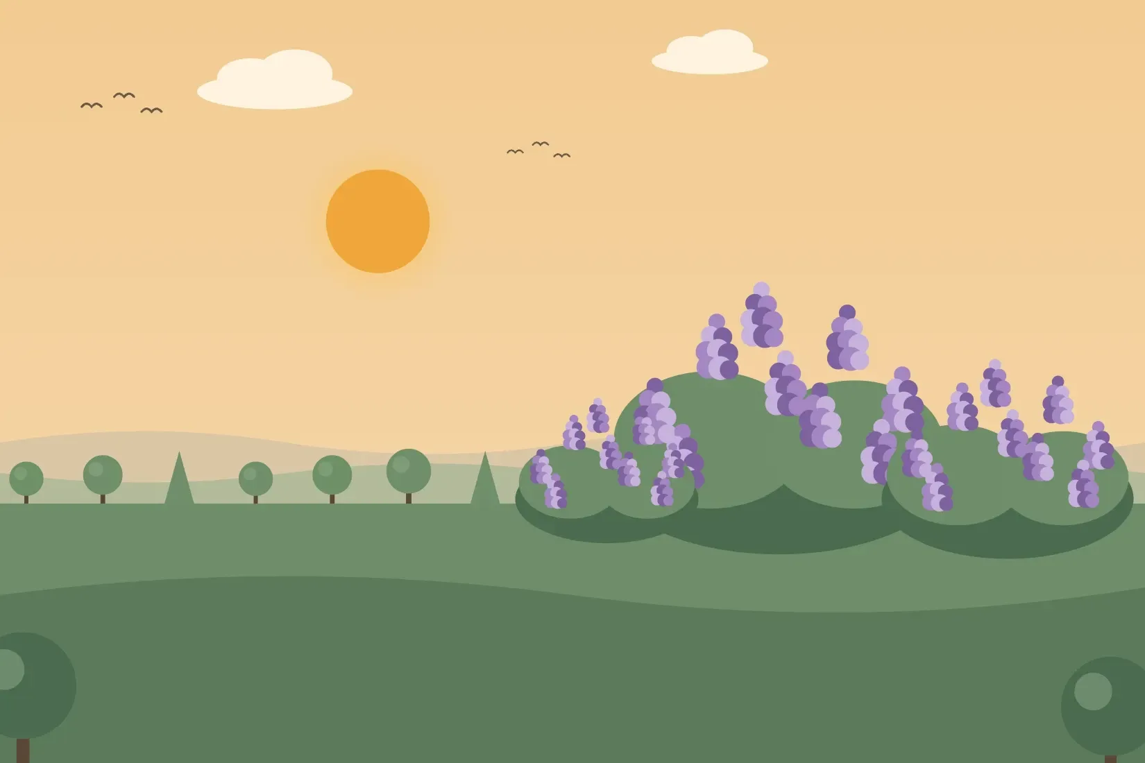 Illustration of Lombard, with lilacs in bloom, a nod to Lombard’s Lilacia Park