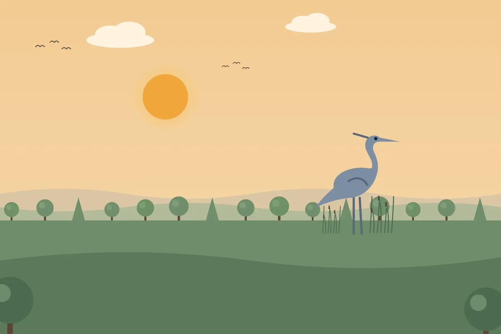 Illustration of Plainfield, with a heron by the water, a nod to Plainfield’s Lake Renwick