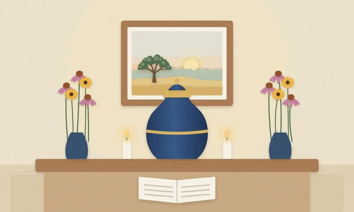 Illustration of a memorial table with an urn, a framed landscape, candles, flowers and an open register book