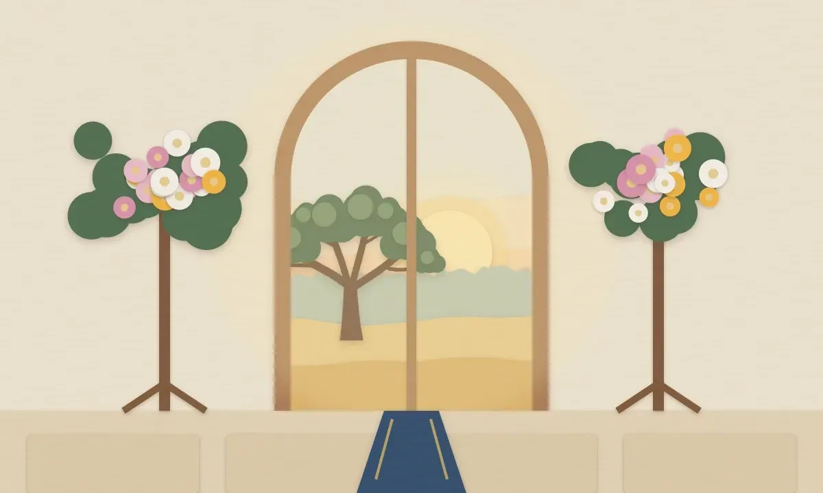 Illustration of a quiet room with an arched window, two tall flower arrangements and an aisle runner