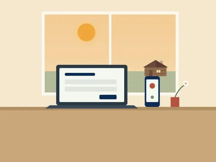 Illustration of a laptop showing an online arrangement form next to a phone, with a window view of a historic log house