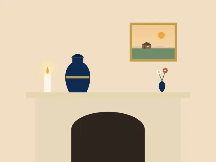 Illustration of an urn on a fireplace mantel beside a candle and a framed picture of a historic log house