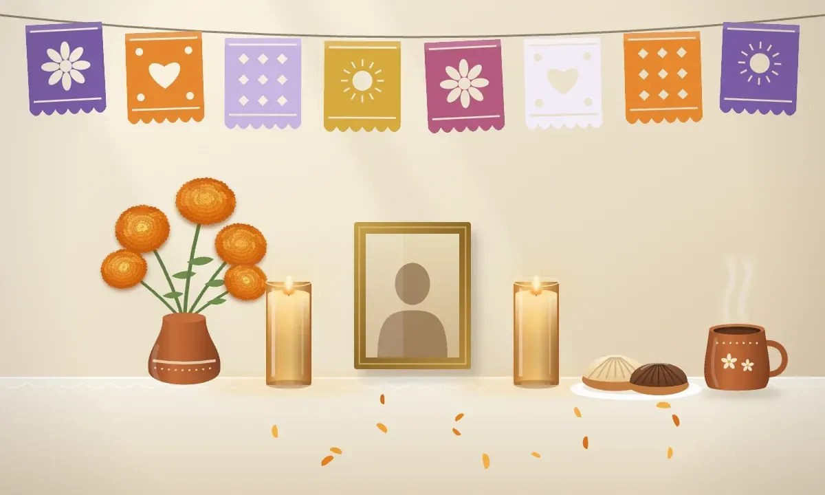 Una mesa familiar bajo papel picado, con la foto de un ser querido, veladoras, flores de cempasúchil, pan dulce y café de olla