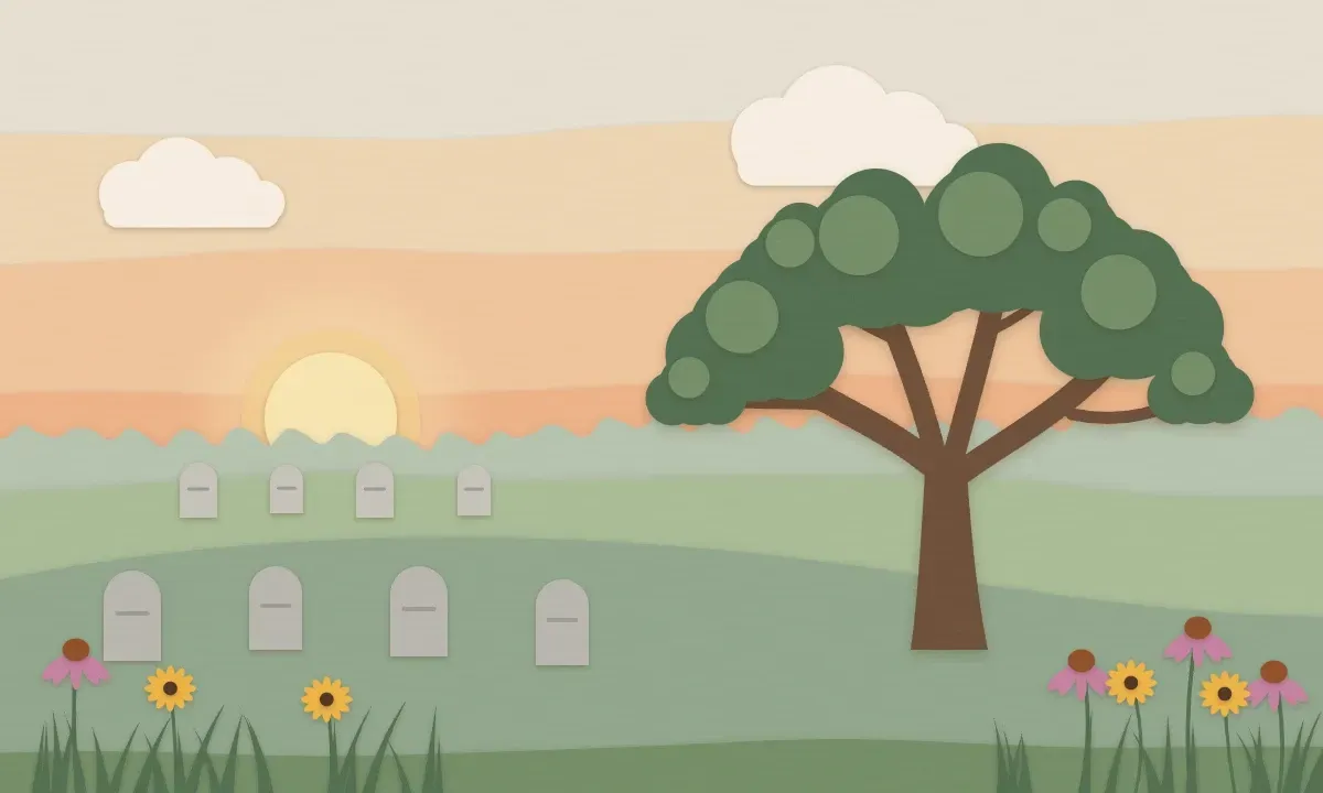 Illustration of a quiet cemetery hillside under a bur oak at golden hour