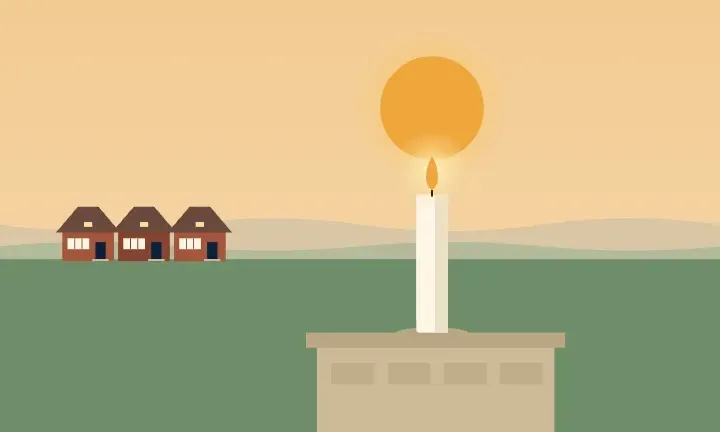Illustration of a lit candle at sunset, with a row of brick bungalows in the distance
