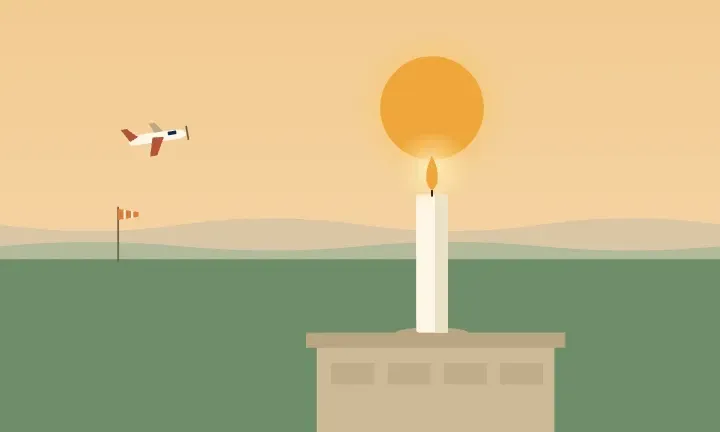 Illustration of a lit candle at sunset, with a small plane and windsock in the distance