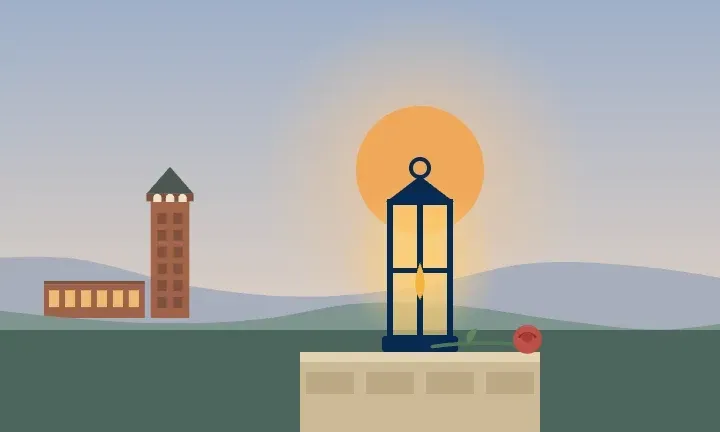 Illustration of a glowing lantern and a single rose at sunset, with a historic brick factory tower in the distance