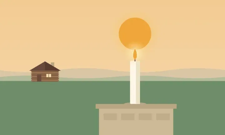 Illustration of a lit candle at sunset, with a historic log house in the distance