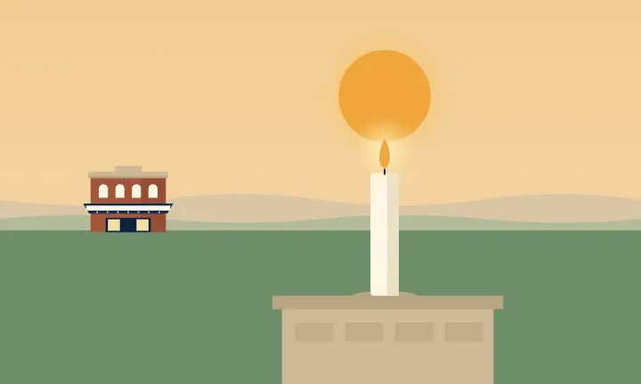 Illustration of a lit candle at sunset, with the Des Plaines Theatre in the distance