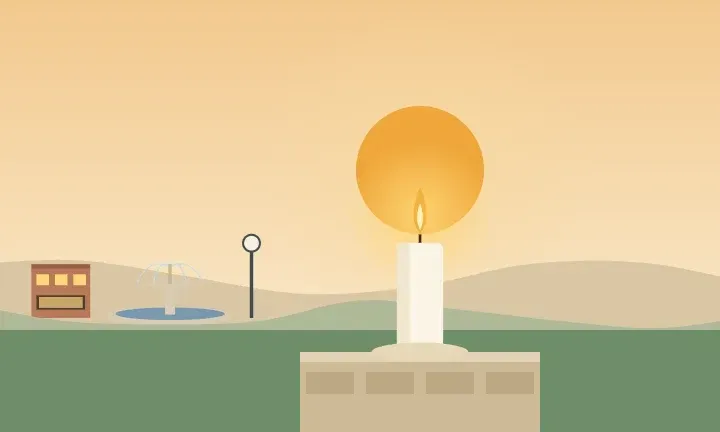 Illustration of a lit candle at sunset, with a village fountain and brick storefronts in the distance
