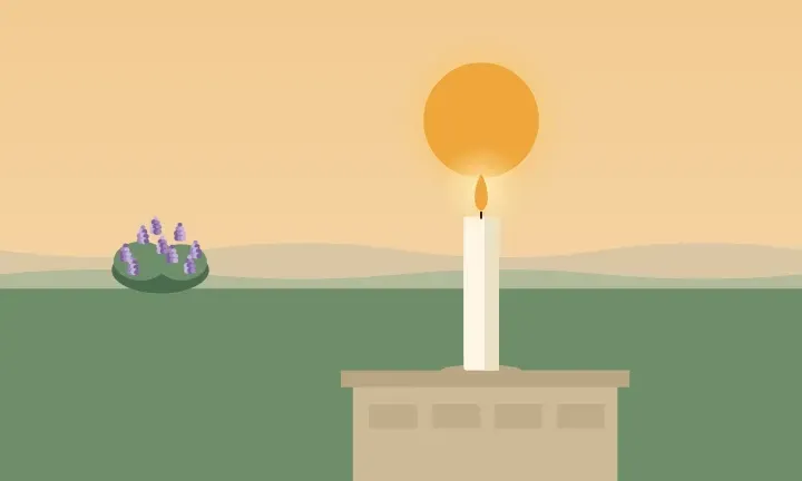 Illustration of a lit candle at sunset, with lilacs in bloom in the distance