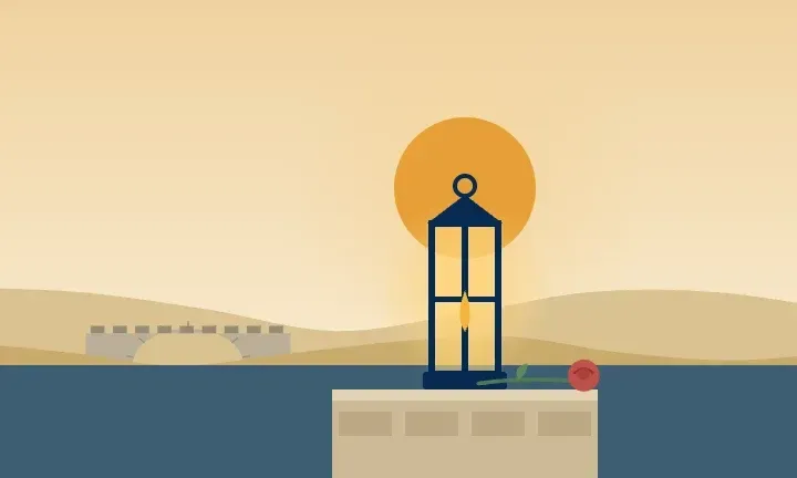 Illustration of a glowing lantern and a single rose at sunset, with a stone bridge over the river in the forest preserves in the distance