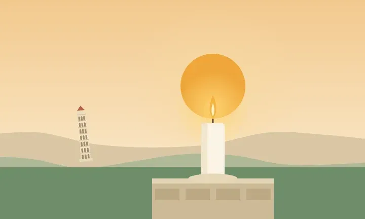 Illustration of a lit candle at sunset, with the Leaning Tower of Niles in the distance