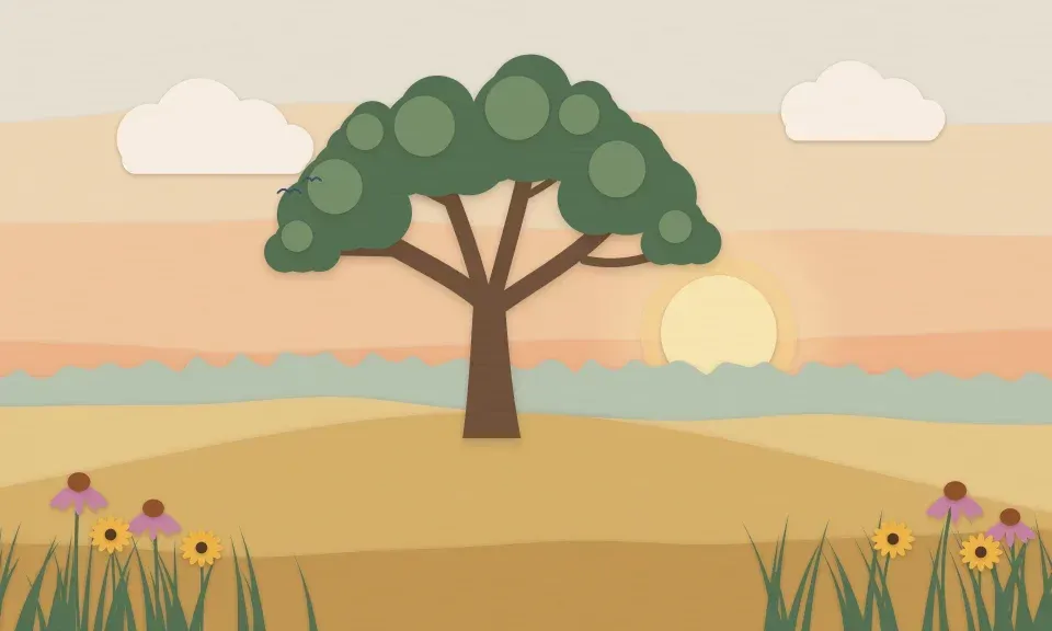 Illustration of a bur oak on a golden prairie at sunset