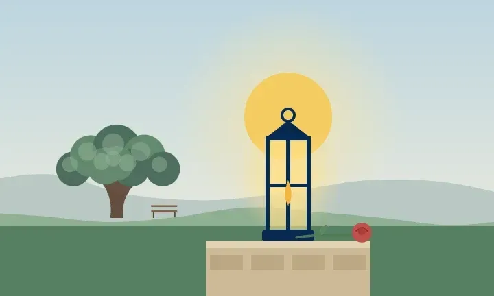Illustration of a glowing lantern and a single rose at sunset, with a great oak tree with a park bench in the distance
