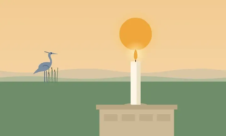 Illustration of a lit candle at sunset, with a heron by the water in the distance