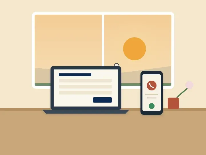Illustration of a laptop showing an online arrangement form next to a phone, with a window view of a village fountain and brick storefronts