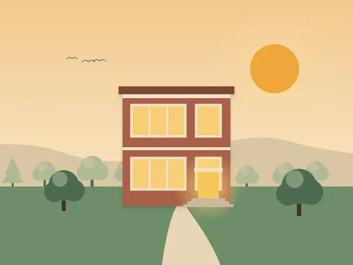 Illustration of a brick two-flat home with warmly lit windows at dusk