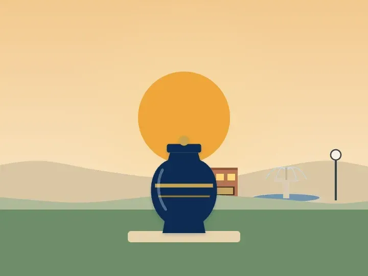 Illustration of an urn in front of the setting sun, with a village fountain and brick storefronts in the background