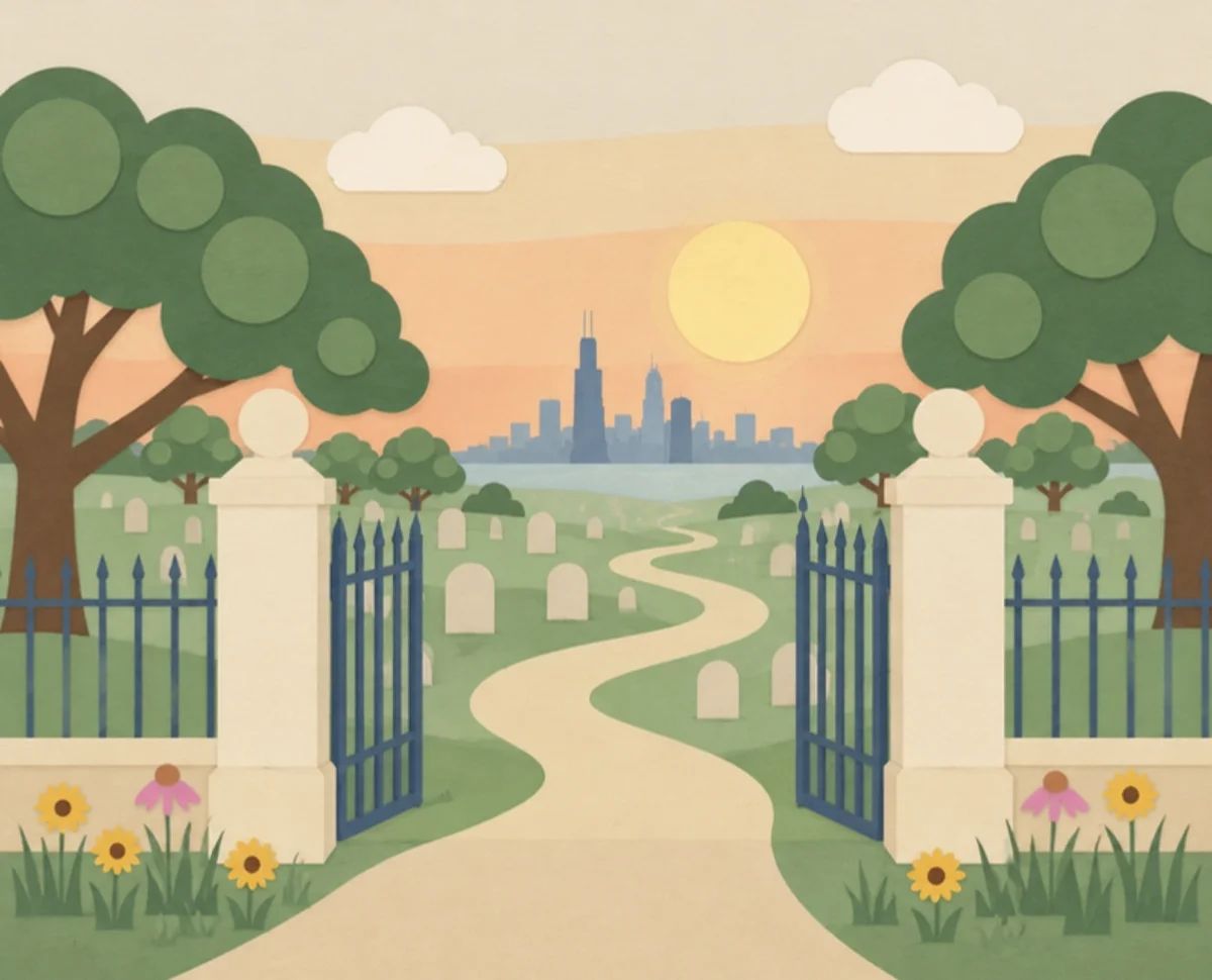 Illustration of open iron cemetery gates between stone pillars, with a winding path past headstones toward the Chicago skyline at sunset, framed by oak trees and wildflowers