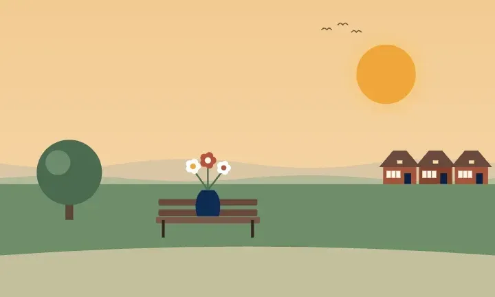 Illustration of a vase of flowers on a park bench under a shade tree, with a row of brick bungalows in the distance