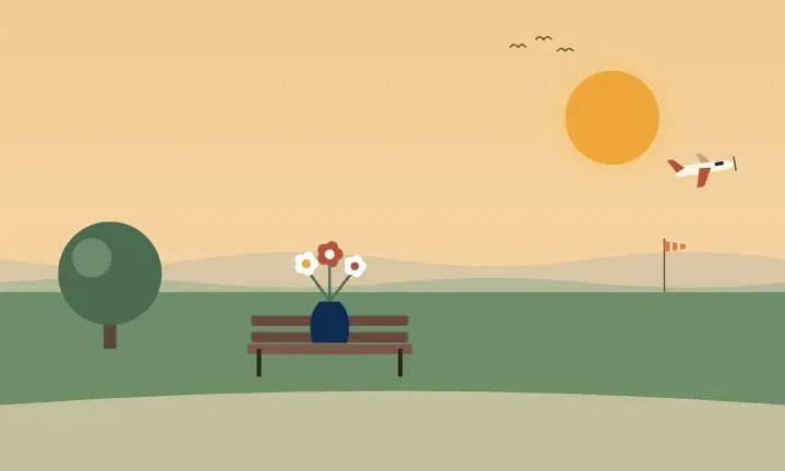 Illustration of a vase of flowers on a park bench under a shade tree, with a small plane and windsock in the distance