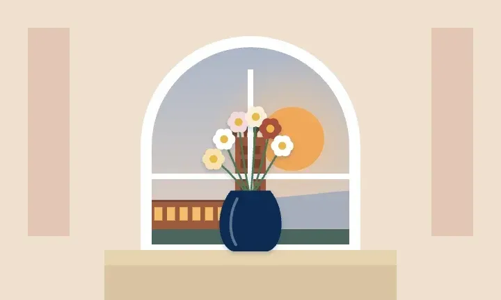 Illustration of a vase of flowers in front of an arched window looking out toward a historic brick factory tower