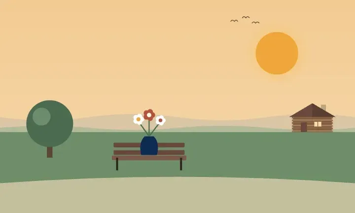 Illustration of a vase of flowers on a park bench under a shade tree, with a historic log house in the distance