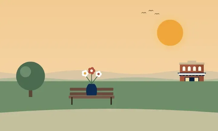 Illustration of a vase of flowers on a park bench under a shade tree, with the Des Plaines Theatre in the distance