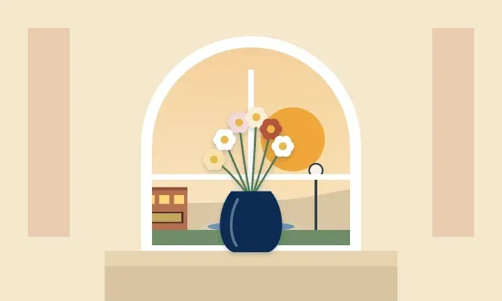 Illustration of a vase of flowers in front of an arched window looking out toward a village fountain and brick storefronts