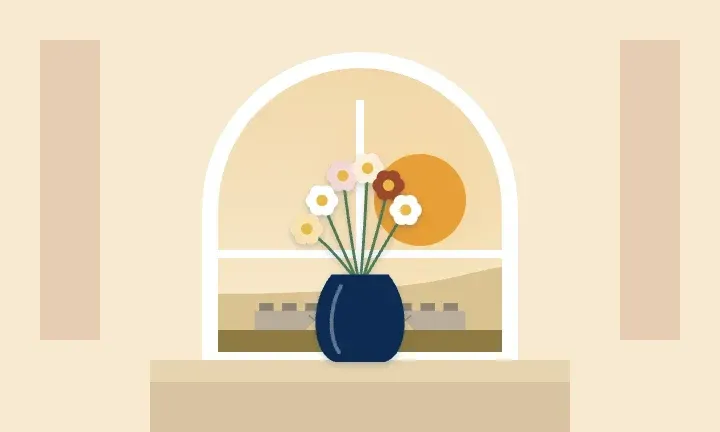 Illustration of a vase of flowers in front of an arched window looking out toward a stone bridge over the river in the forest preserves