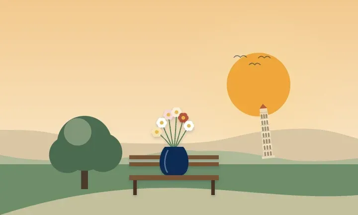 Illustration of a vase of flowers on a park bench under a shade tree, with the Leaning Tower of Niles in the distance