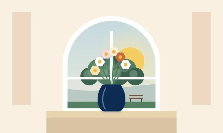 Illustration of a vase of flowers in front of an arched window looking out toward a great oak tree with a park bench